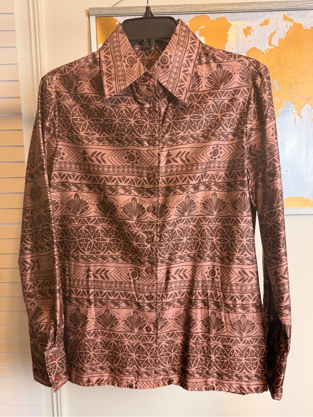 Vintage Anne Klein Brown Mauve Geometric Blouse Button Down w/ Matching Sash